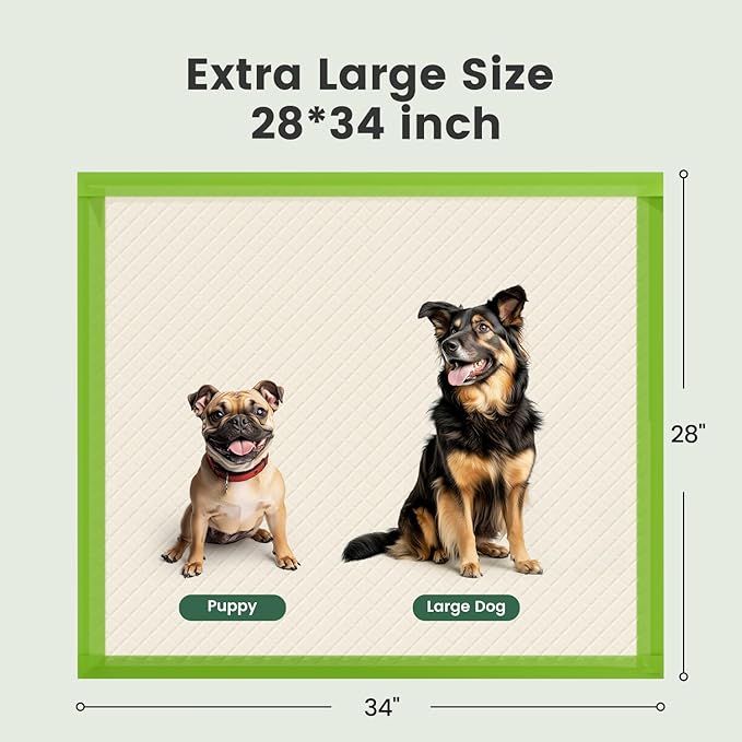 Gardner Pet Dog Pee Pads Extra Large 28"x34", XL Thicker ECO Green Disposable Puppy Training Pads Super Absorbent Full Edge-Wrapping Pad for Dogs, Puppies, Cats, Rabbits (100 Count)