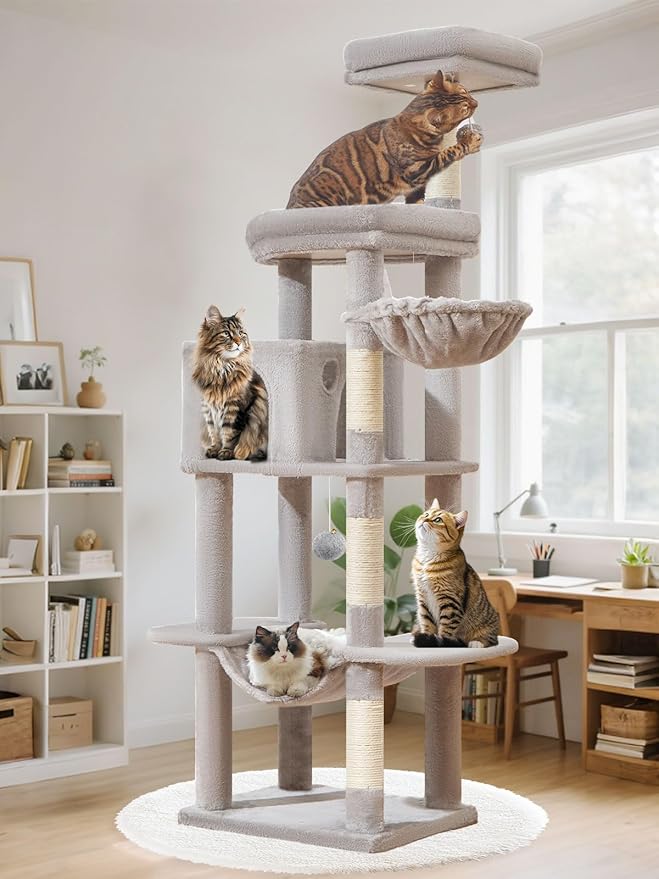 Taoqimiao MS042W Cat Tree,66-inch Large Cat Tower with Scratching Posts, Luxurious Large Platform for Big Cats with Soft Hammock, Adjustable Basket, Deluxe Cat Cando, Top Perch Light Gray