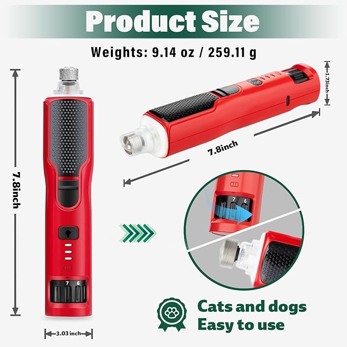 Dog Nail Grinder 7-Speed & 360° LED Light, Professional Pet Nail Grinder for Dogs and Cats, Electric Dog Nail Trimmer Painless Paws Grooming & Smoothing Tool for Large Medium Small Dogs Cats Pets