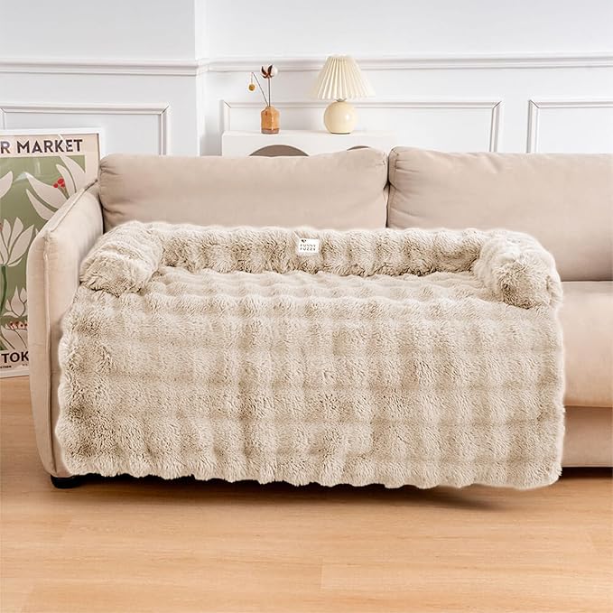 FUNNY FUZZY Pet Fluffy Plush Calming Dog Couch Bed Sofa Protector Washable Pets Mat for Large Medium Small Dogs and Cats (Coffee,47.24 × 37.4 × 6.3 in)