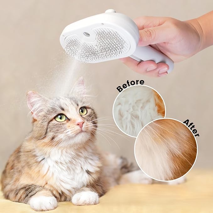 Cat Steam Brush, 3 In 1 Steamy Cat Brush with Release Button and Tank, Anti-Static Pet Spray Hair Removal Comb, Rechargeable Dog Steam Comb for Furry Pet