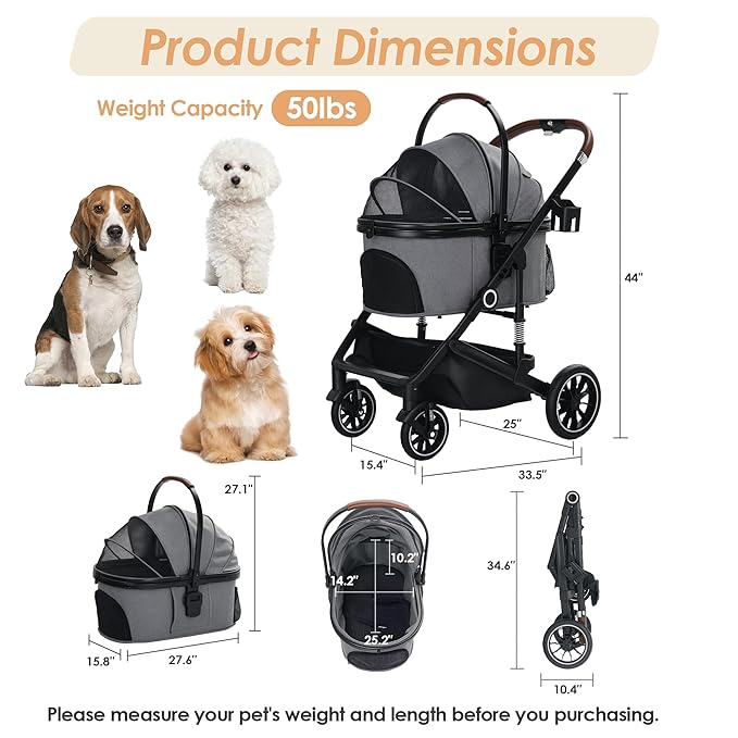 Pet Stroller with 4 Wheels, 3 in 1 Folding Puppy Strollers for Small/Medium Dogs Cats up to 50lbs, Lightweight Pet Travel Carrier with Detachable Cushion, Storage Basket and Cup Holder, Gray