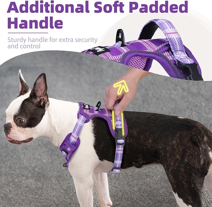 PUPTECK No Pull Dog Harness Medium Sized, Adjustable Reflective Dog Harness with Handle Easy Control, Comfortable Soft Padded Pet Vest Harness for Medium Dogs, Plaid Purple M