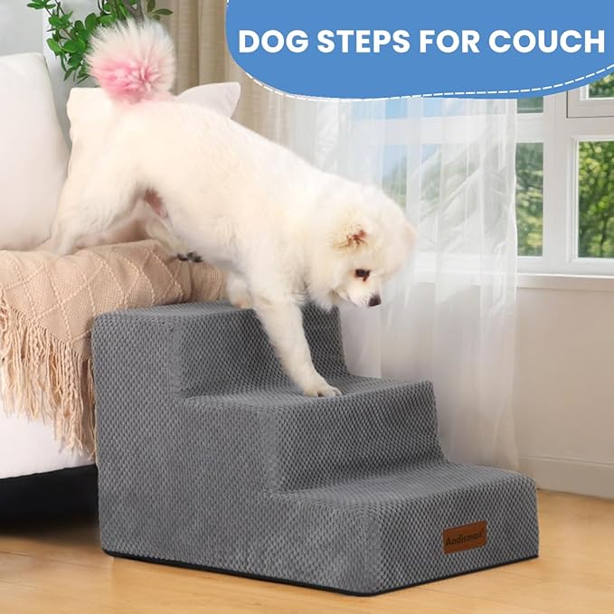 Dog Stairs for Small Dogs & Cats, 3-Step Non-Slip Pet Steps for Couch Sofa and Chair, Grey, 13.6" H