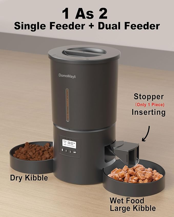Automatic Dual Cats Feeder for 2 Cats,6 Meals/Day,12 Portions/Meal,Dual Power Auto Pet Feeder Dry Food Dispenser,Flexible Schedule Timer 10S Voice Record (Black, ABS Dual Bowls)