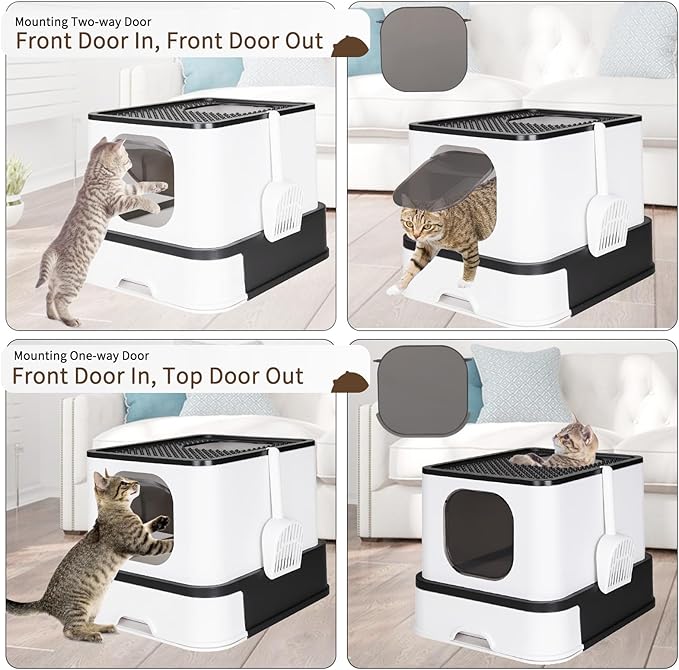 RIZZARI Large Enclosed Cat Litter Box : Covered Leak-Proof Reduces Odor - for Indoor Use Cat Owners (Black)