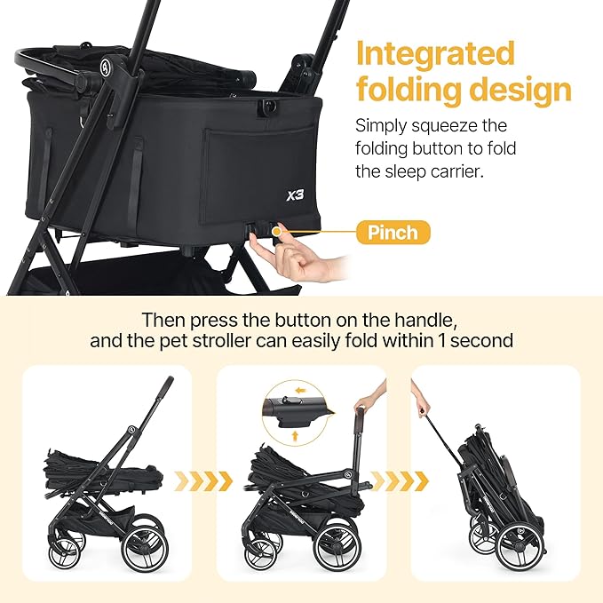 X3 2 in 1 Pet Stroller for Medium or Two Small Dogs & Cats 4 Wheels Lightweight Foldable Carrier Dog Stroller with Waterproof Weather Cover Cup Holder,Storage Basket(Black)