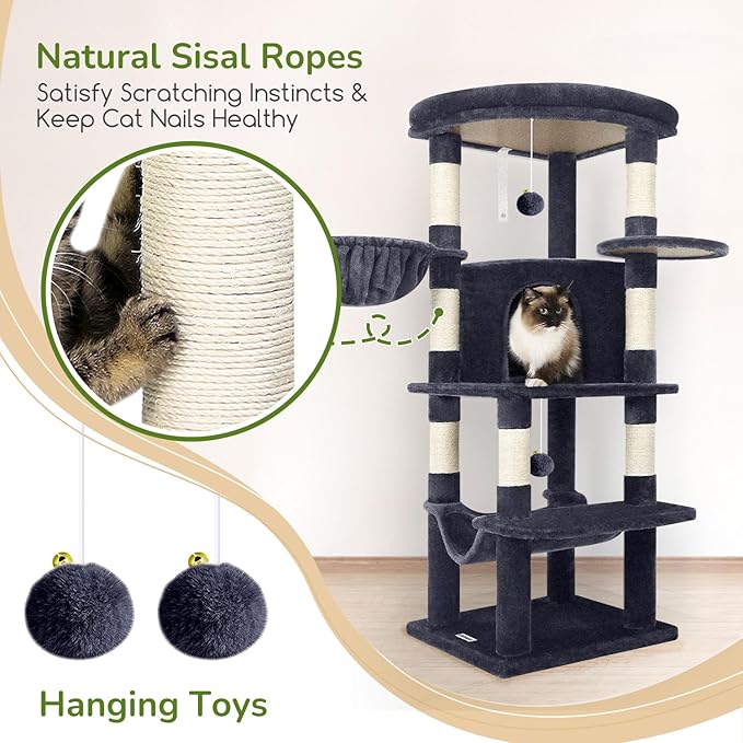 Globlazer Corner Cat Tree Tower for Indoor Cats, 51in Multi-Level Cat Condo Tower with Large Hammock, 7 Sisal Scratching Posts, Oversized Top Perch, Spacious Cat Cave, Hanging Basket, C51, Dark Grey