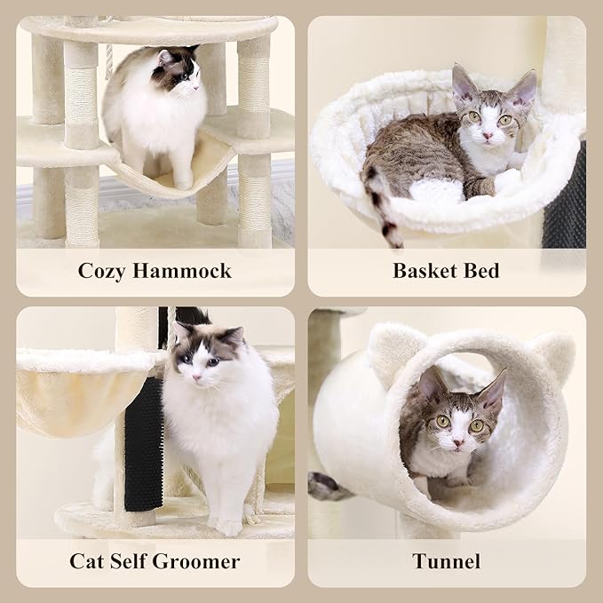 Globlazer Artistic Curved Cat Tower for Small Cats (Under 12 lbs), 81-inch Slim Design Cat Tree with Space-Saving Design, Indoor Cat Condo with Hammock & Tunnel, C81, Beige, Non-Large Cats