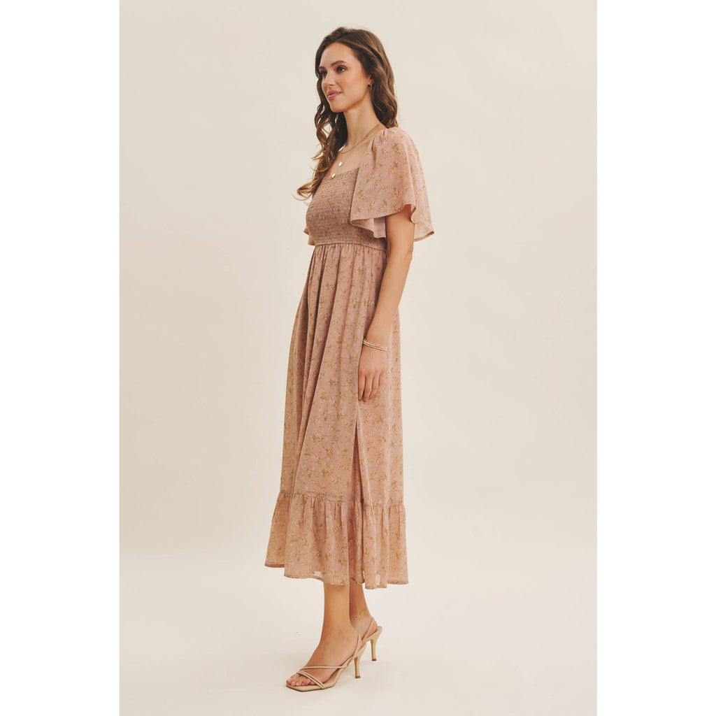 Ariana Square Neck Floral Chiffon Smocked Midi Dress