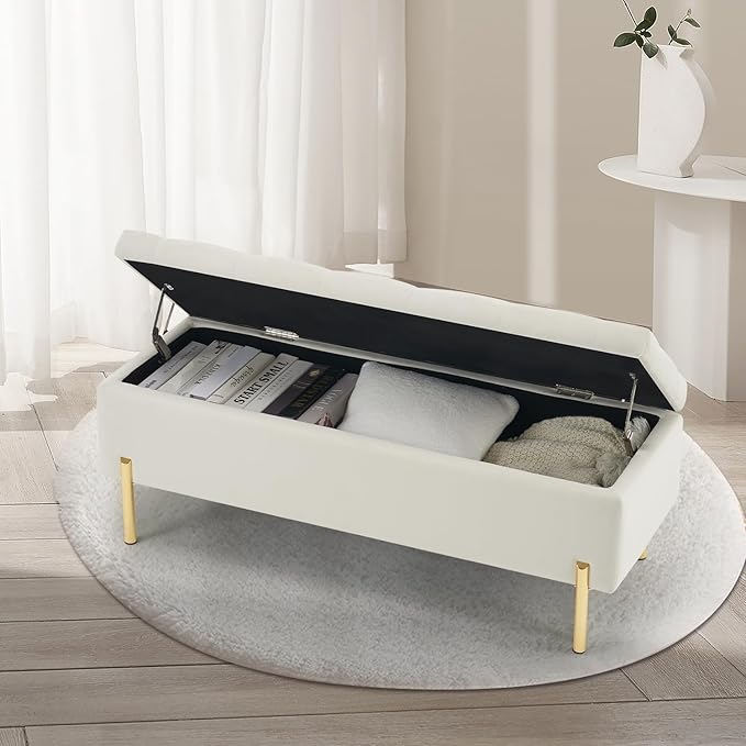 Velvet Storage Bench Ottoman,Versatile Seating with Hidden Storage,End of Bed Bench,Tufted Bench for Bedroom,Living Room,Entryway,Ivory