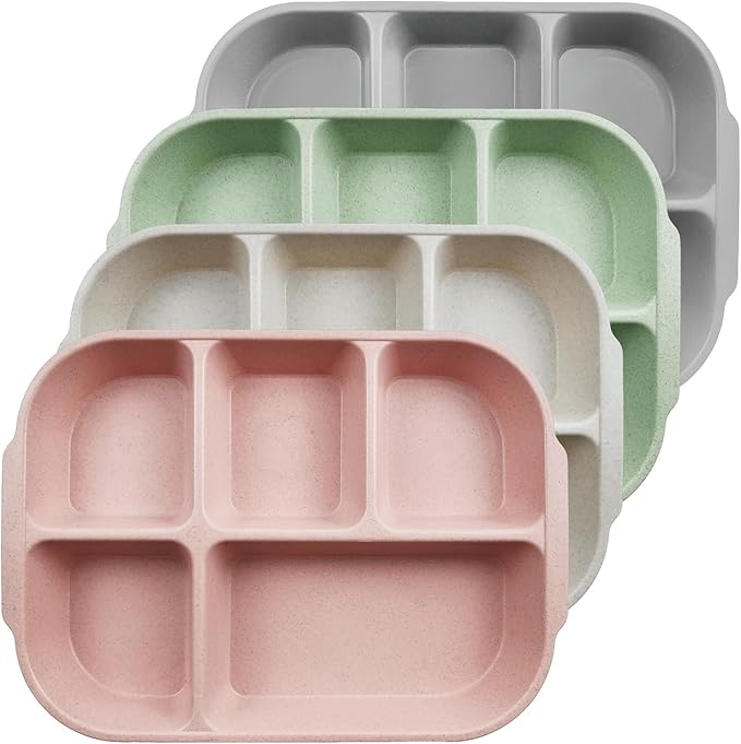 greenandlife 10.8 Inch 4PCS Divided Plates for Kids Adults, Portion Control Plates, Dishwasher & Microwave Safe Compartment Plate, Unbreakable Lightweight Reusable Wheat Straw Plates, INS