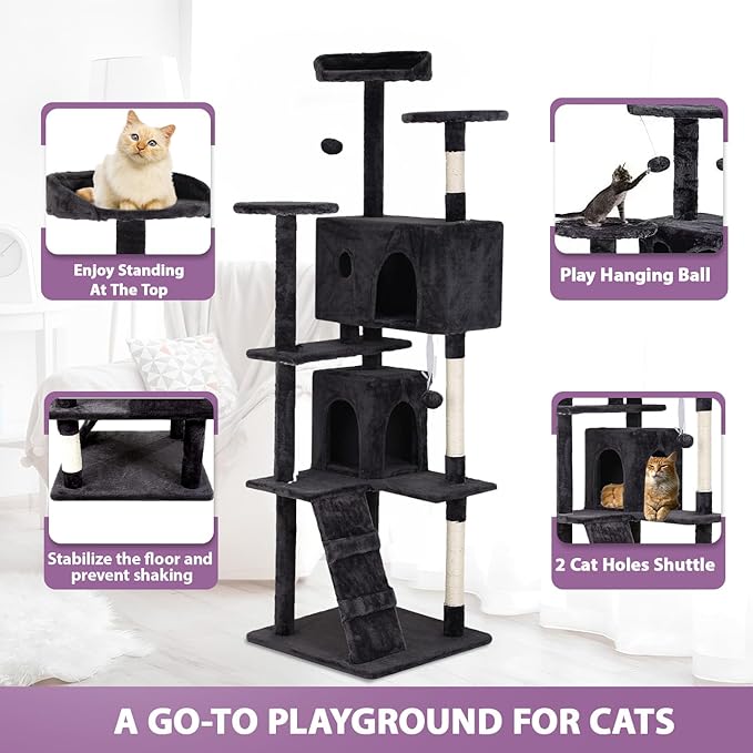70 inches Cat Tower for Indoor Cats Multi-Level Cat Condos for XL Cat Tree Cat Climbing Tower with Scratching Posts, Hanging Toys,Dark Gray