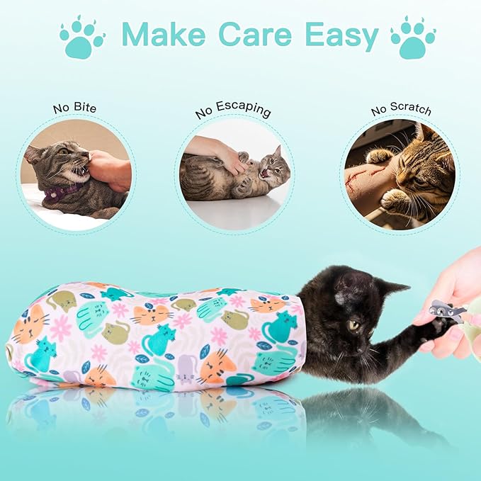 17.7" Cat Grooming Wrap, Cat Wrap for Cutting Nails, Self-Adherent Fabric Wrap for Cats, Cat Burrito Wrap Anti-Scratch, Anti-Escape, Multifunctional Swaddle Wrap Pet Tool (Funny Bear, Medium)
