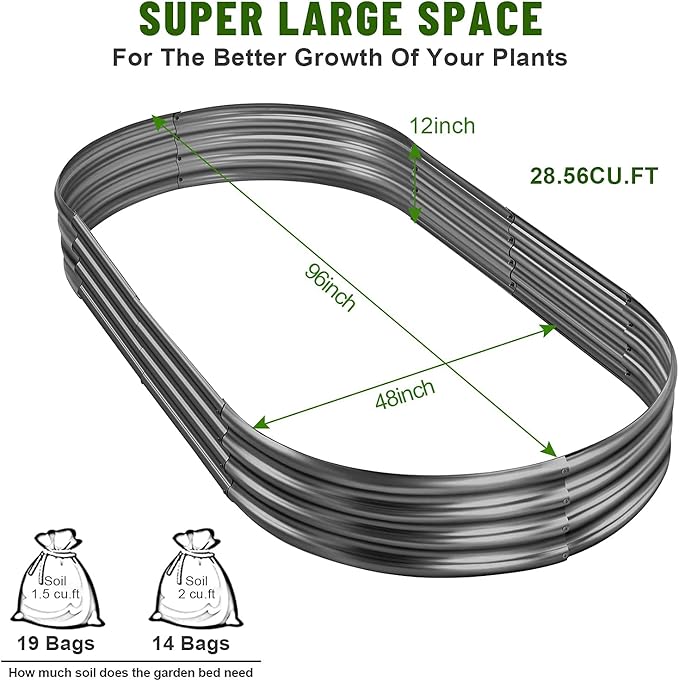 Land Guard 8×4×1 ft Galvanized Raised Garden Bed Kit，Raised Garden Boxes Outdoor, Oval Metal Raised Garden Beds for Vegetables（Grey）………