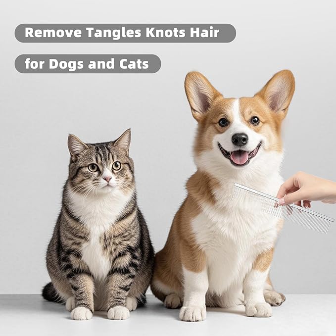 Stainless Steel Dog Comb - Cat Combs with Rounded Ends Teeth - Professional Metal Pet Grooming Removes Tangles Knots for Dogs Cats 7.6IN/1.42IN