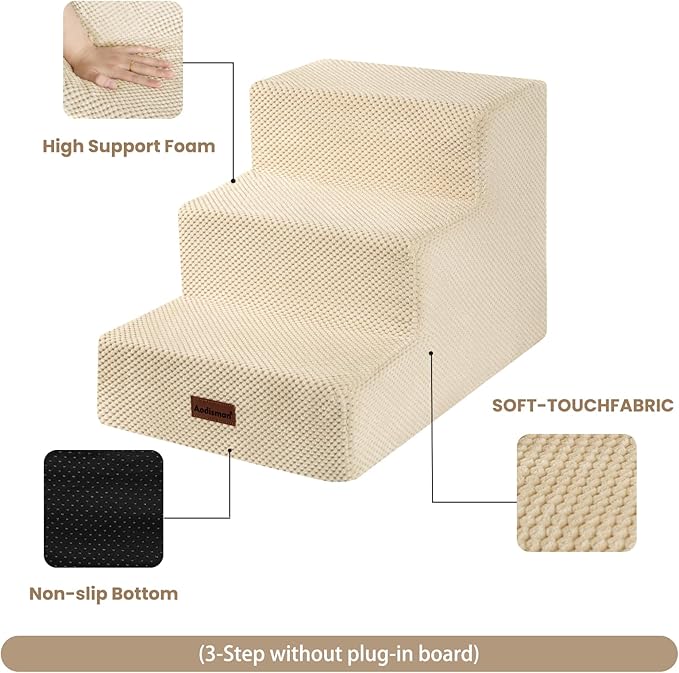 Dog Stairs for Small Dogs & Cats, 3-Step Extra Wide Non-Slip Pet Steps for Couch Sofa and Chair, Beige, 15.7" H