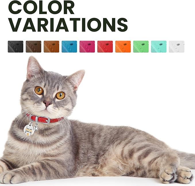 BRONZEDOG Leather Cat Collar with Removable Bells Non Breakaway Kitten QR Tag for Girl Boy (7" - 9" for Cats, Red & Silver)