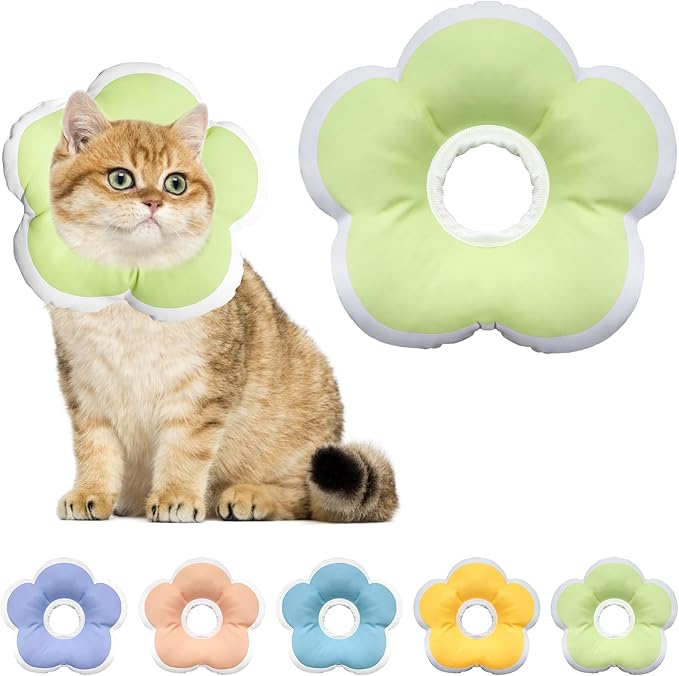 Cat Cone Collar Soft, Waterproof Cats Cones to Stop Licking After Surgery, Adjustable Soft Elizabeth Cats Collars for Wound Healing, Flower Shape Cat Recovery Collar (Green, Small)