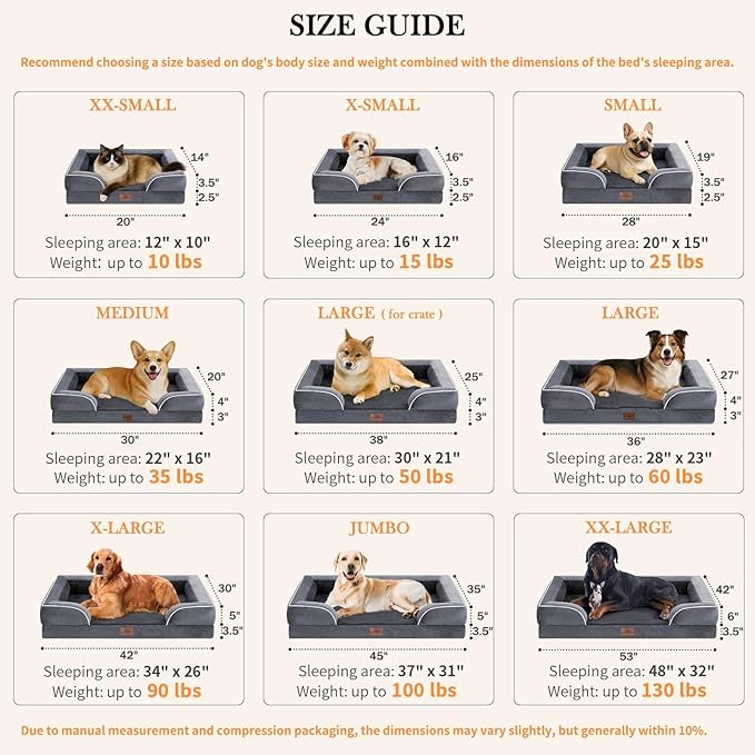 Comfort Expression Large Dog Beds Waterproof Orthopedic Foam Dog Sofa Beds Comfy Pet Bed with Washable Removable Cover & Non-Slip Bottom(Large,Dark Grey)