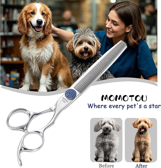 7.5'' Dog Grooming Scissors CNC 440C Blades Sharp and Durable Polished Thinning Dog Shears with Blue Diamond Adustable Screws Easy to Use for Groomer and Home User