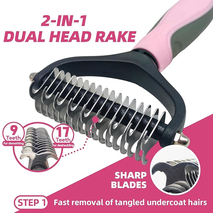 Pet Grooming Kit - 7 PCS Deshedding Brush Set with Slicker, Undercoat Rake, Bath Brush & Nail Clipper for Short & Long Haired Dogs, Cats (Pink)
