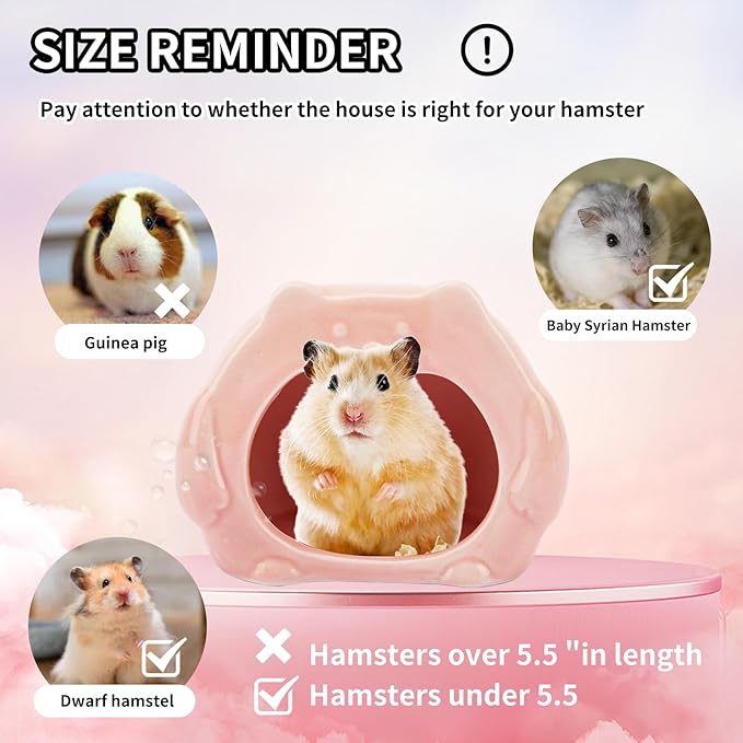 Bear-Shaped Hamster Hideout & Food Bowl Set - Ceramic Habitat for Syrian Dwarf Hamsters, Mice, Gerbils - All-Season Use, Chew-Proof Ceramic House and Feeding Dish for Small Pets(Pink)