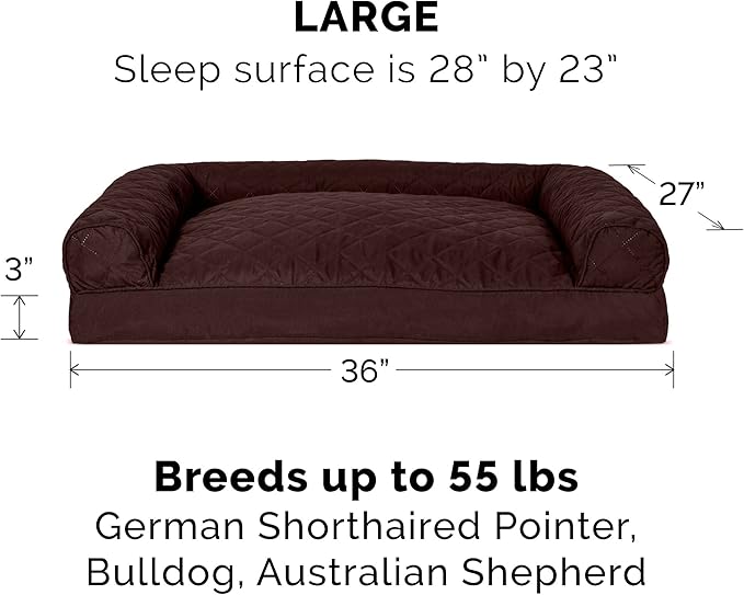 Furhaven Pillow Dog Bed for Large/Medium Dogs w/ Removable Bolsters & Washable Cover - Quilted Sofa - Coffee, Large