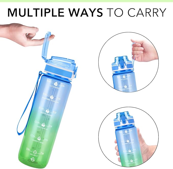 32oz Motivational Water Bottles with Time Marker & Fruit Strainer, Transparent Gradient Color Water Bottle with Times to Drink, Leakproof & BPA Free, Reusable Bottle with Strap (No Straw)