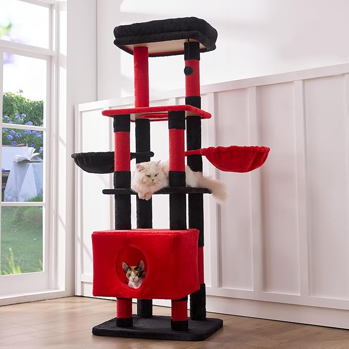 Gardner Pet 65in Heavy Duty Cat Tree Tower for Large Cats, Multi-Level Cat Furniture with Replaceable Sisal Scratching Post, Hammock | Extra-Large Platform & Condo (Black Red, Basic φ:2.84")