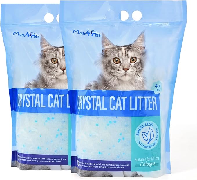 Made4Pets Cat Litter Crystals, Non Clumping Cat Litter Odor Control Kitty Litter Non Clumping No scooping Low Dust, Low Tracking, Lightweight, Dehydrates Waste,Cologne– 8.6 lbs (2 x 4.3 lb Packs)