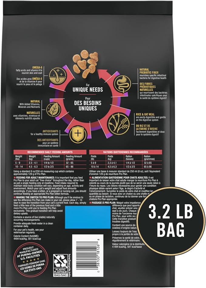 Purina Pro Plan With Probiotics, Sensitive Skin & Stomach, Natural Dry Cat Food, Turkey & Oat Meal Formula - 3.2 lb. Bag