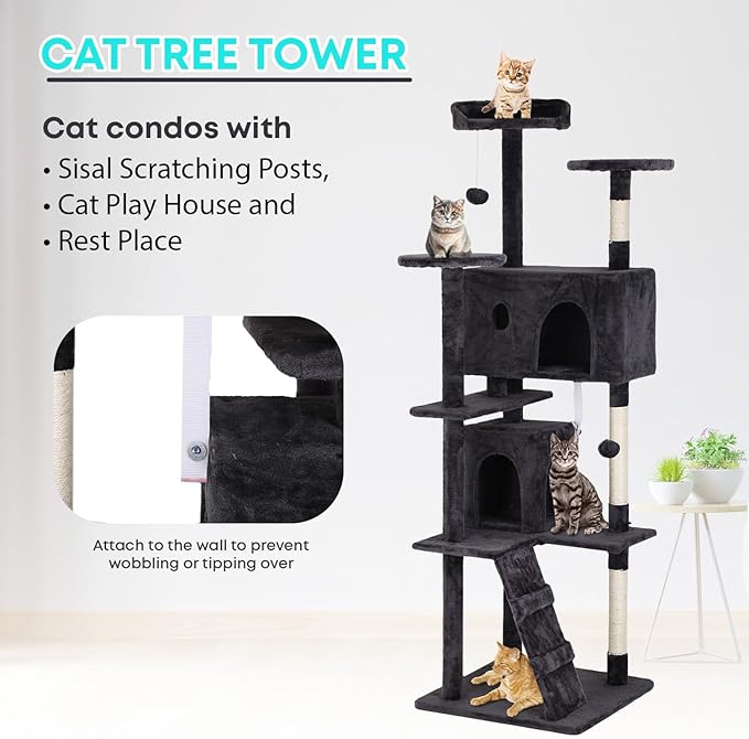 FDW Cat Tree 70in Cat Tower Multi-Level Durable Cat Scratching Post & Cozy Fun Cat Jumping Platform Space Saving Cat Condo Pet Play House for Indoor Cats,Dark Gray