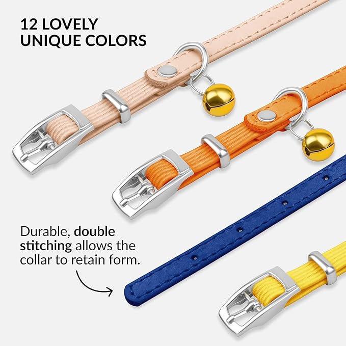CollarDirect Leather Cat Collar, Kitten Collar with Removable Bell Black Blue Red Orange Lime Green (Neck Fit 8"-11", Navy Blue)