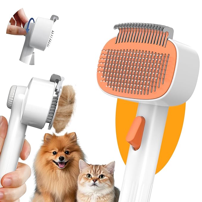 Self Cleaning Slicker Brush, 2-in-1 Cat Brush for Shedding, Skin Friendly Grooming Tool for Long & Medium-Long Hair Pets, Adjustable Bristle Length with Dematting Comb for Cats, Dogs (Orange)