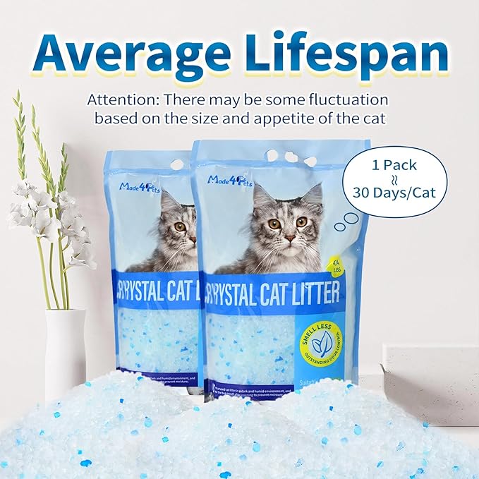 Made4Pets Cat Litter Crystals, Non Clumping Cat Litter Odor Control Kitty Litter Non Clumping No scooping Low Dust, Low Tracking, Lightweight, Dehydrates Waste,– 25.8 lbs (6 x 4.3 lb Packs)
