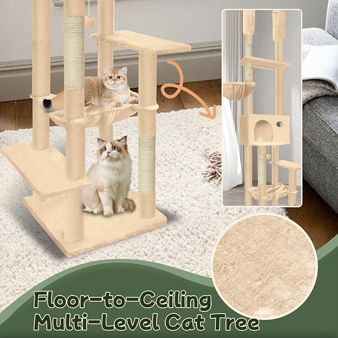 96.5"-108" Cat Tree Floor to Ceiling 7-Tier Cat Tower Adjustable Height with Scratching Posts, Cozy Hammock, Cat Condo for Indoor Cats(Beige)