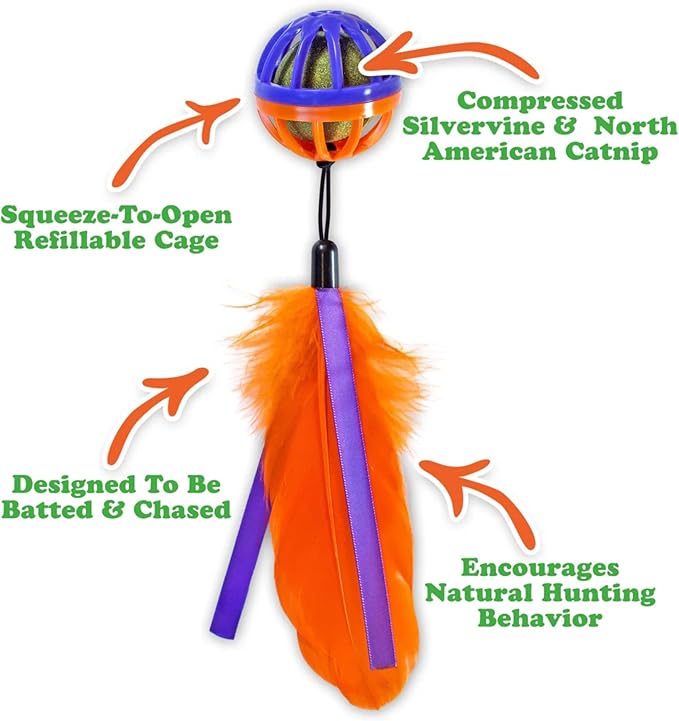 Meowijuana Whack 'n' Roll Compressed Catnip Ball with Cage | Purple Passion | Interactive Cat Toy with Feather | Potent Hand Harvested Catnip Grown in North America