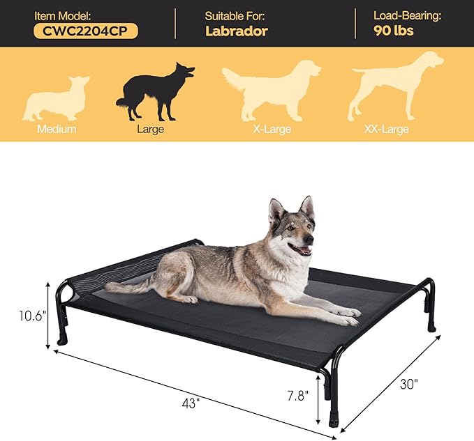 Veehoo Outdoor Elevated Dog Bed, Raised Dog Cot for Large Dogs, Cooling Washable Waterproof Pet Hammock Beds with Slope Headrest, Breathable Mesh and Sturdy Frame, Large, Black, CWC2204