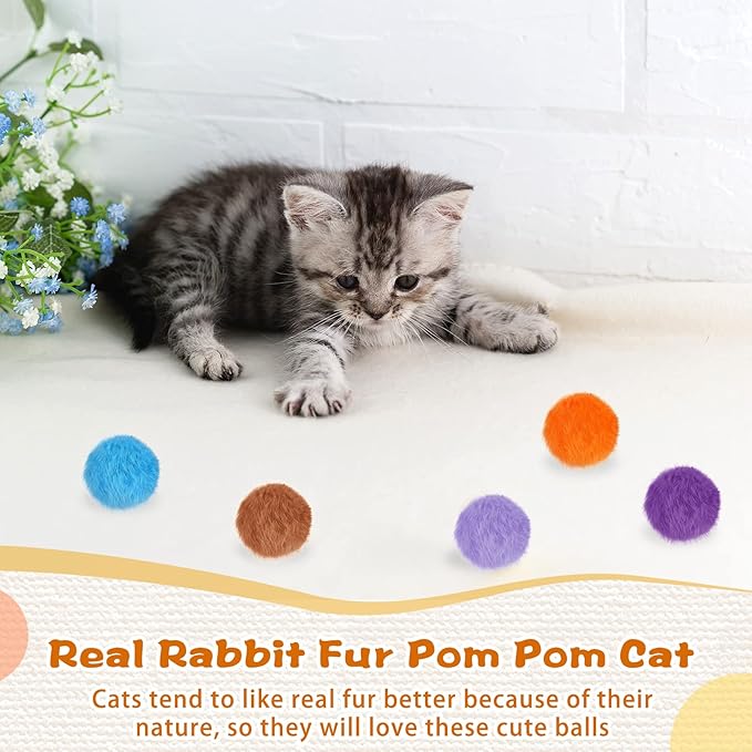 LEIFIDE 12 Pieces Real Rabbit Fur Pom Pom Kitty Cat Toy Fluffy Cat Balls Soft Fuzzy Balls for Kitty Pets Kitten Chase Quiet Play, 3 Inches in Diameter(Bright Color)