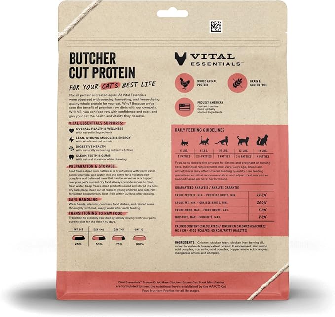 Vital Essentials Freeze Dried Raw Cat Food, Chicken Mini Patties Entree, 8 oz
