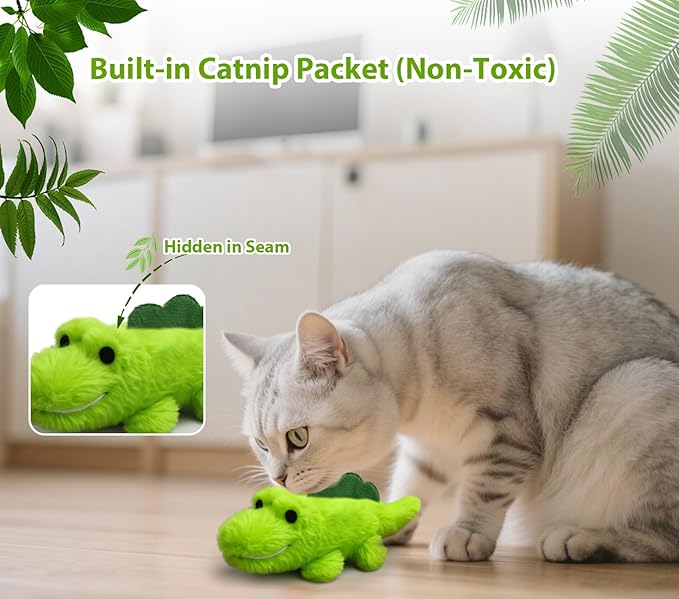 Interactive Cat Toys for Indoor Cats - Automatic Moving Cat Chase Toy for Bored Indoor Adult Cats - 360° Random Movement, Tail Wagging & Catnip Stimulation - Electric Croc(Long Plush)