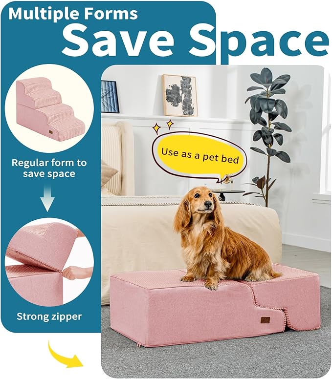 Dog Step for Bed, Dog Stair 4-Step 35D Pet Stair 19.7" H for High Bed or Sofa Non-Slip Balanced Pet Step Indoor, Pink
