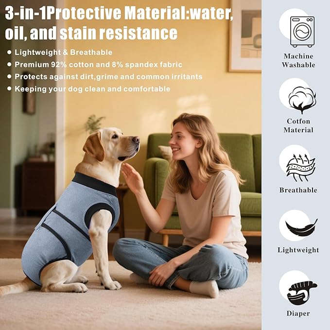 Idepet Dog Recovery Suit Female,Dogs Onesie Suit Surgery Male Breathable Pet Bodysuit for Spay Neuter E-Collar & Cone Alternative Surgical Suit Puppy Abdominal Anti Licking Wounds Shirt (Gray, L)