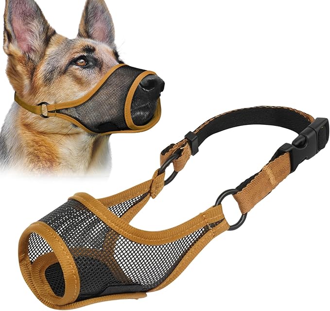 LUCKYPAW Dog Muzzle, Mesh Muzzle for Large Medium Small Dogs, Soft Mouth Guard for Biting Chewing, Breathable Mouth Guard with Adjustable Strap for Training(Brown, XS(Snout:6.5"-7.5"))