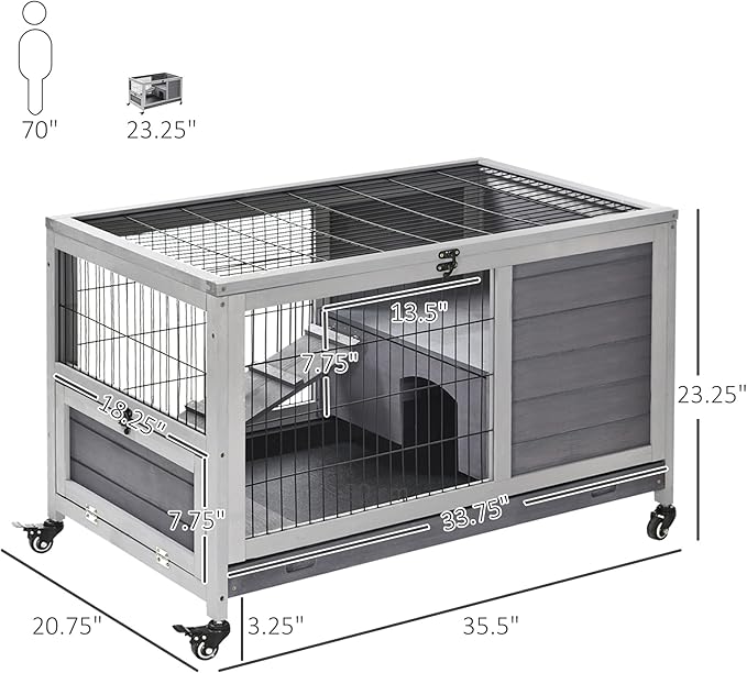 PawHut Wooden Rabbit Hutch Indoor Outdoor, Elevated Bunny Cage with No Leak Tray Enclosed Run with Wheels, Ideal for Guinea Pigs and Small Animals, Gray