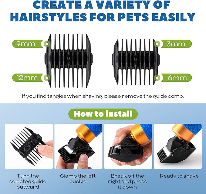 Pet Grooming Clippers 200W, Plug-in with 3m Power Cord & Stepless Speed Control, Low Noise < 50db, Heavy-Duty Dog Hair Trimmer Kit with Extra Detachable Blade & 2 Limit Combs of 4 Sizes