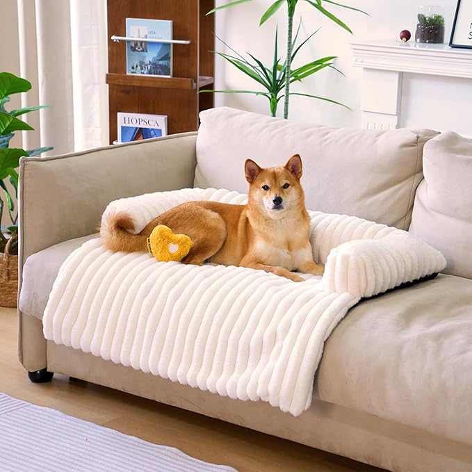 FUNNY FUZZY Pet Couch Cover for Sofa, Calming Dog Bed for Couch, Fluffy Plush Dog Couch Mat for Furniture Protector for Large Medium Small Dogs and Cats, Cream White