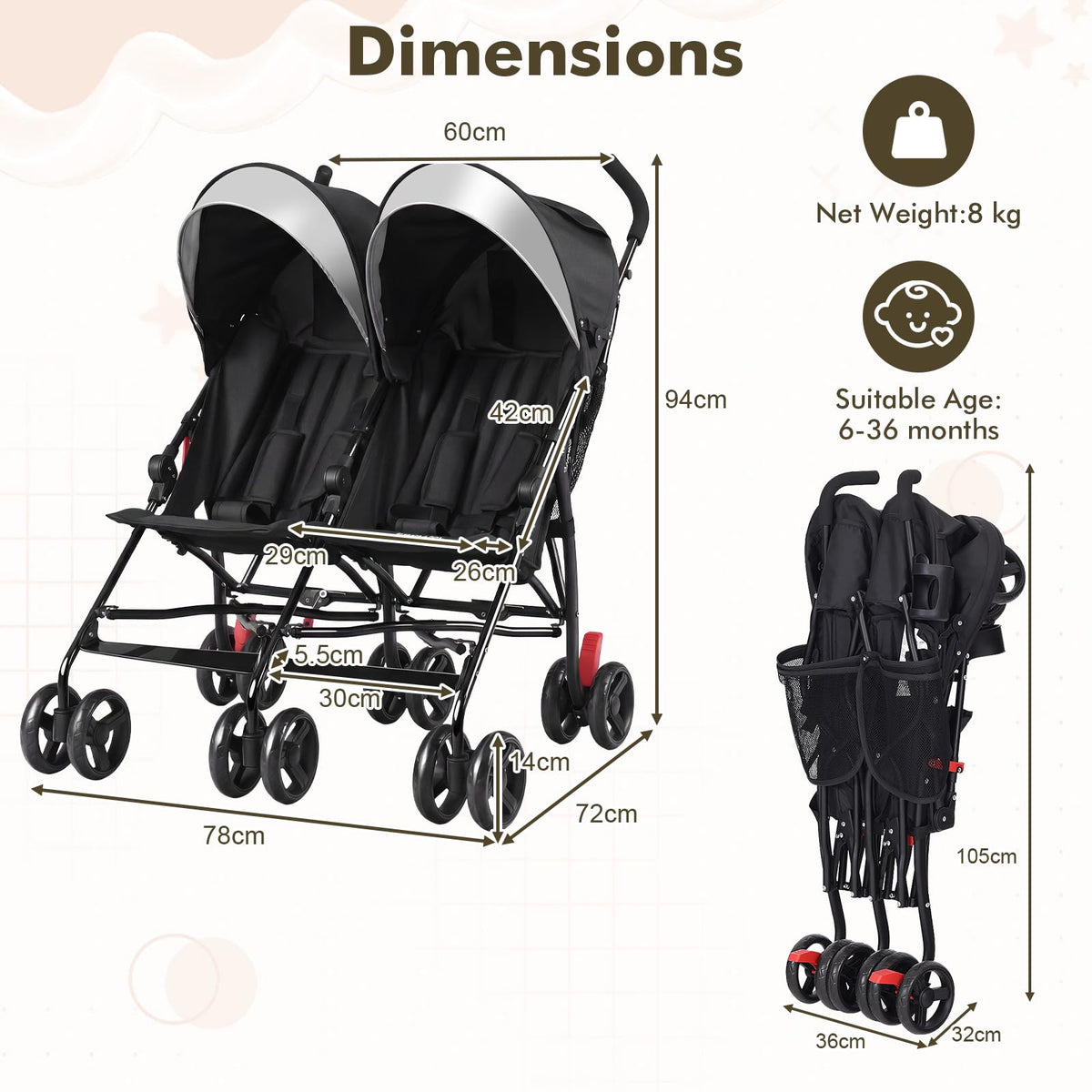 BABY JOY Double Umbrella Stroller, Lightweight Travel Side by Side Twin Stroller with Large Storage, Cup Holder, 5-Point Safety Harness, Adjustable Canopy & Compact Fold for Infant and Toddler (Black)