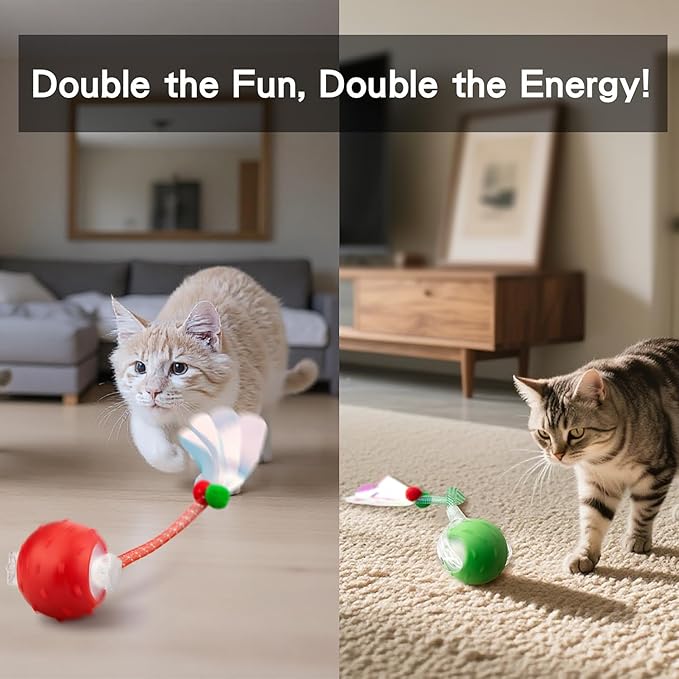 Red & Green Interactive Cat Toy Ball Combo – Automatic Agile Moving Cats Toys with 4 Tail Accessories, Bird Chirping & Motion Activated, Kitten Balls for Multi-Cat Households